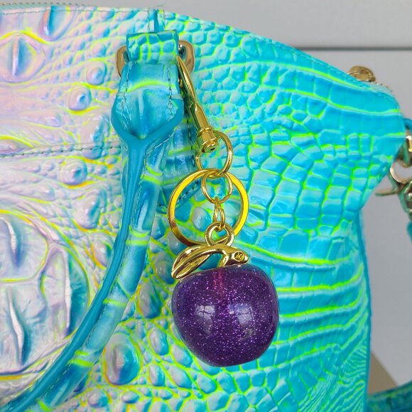 Purple Apple Purse Charm and Key Ring Sparkly Gold or Silver Toned Hardware - Picture 1 of 12
